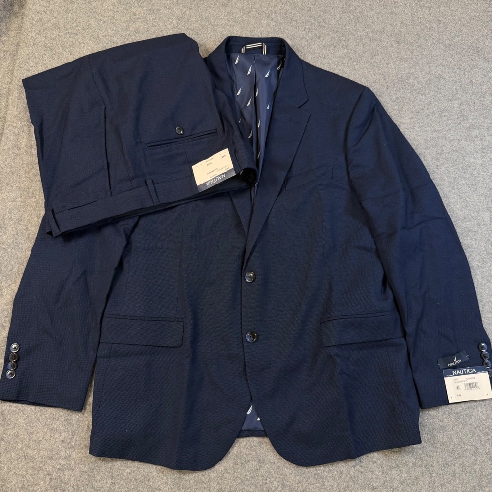 Nautica Mens 2 Piece Suit 44R W38 Blue Birdseye GAFF NA000278 Stretch New